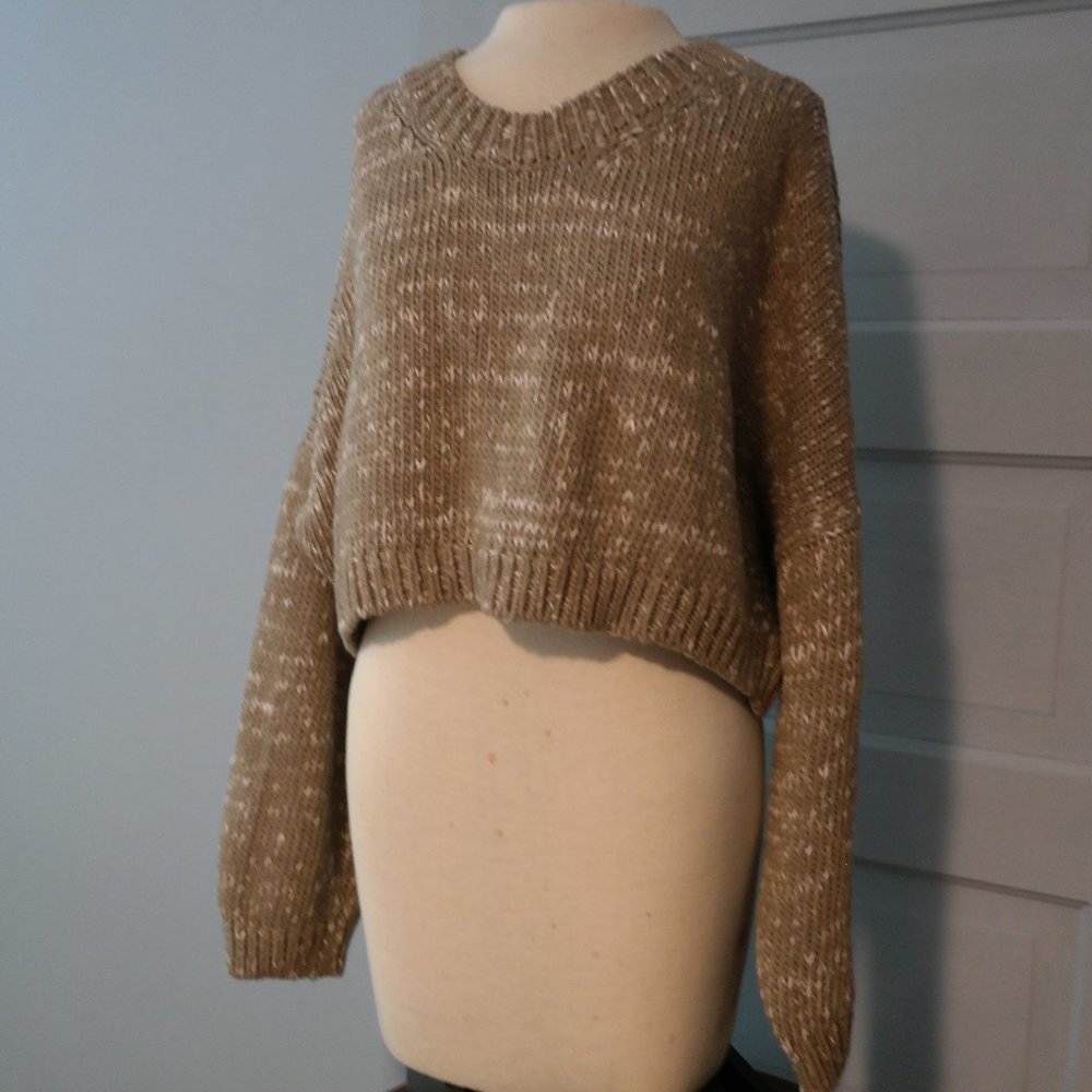 "Don’t Ask Why" Brown and Cream Oversized Puffy Sleeve Cropped Sweater One Size
